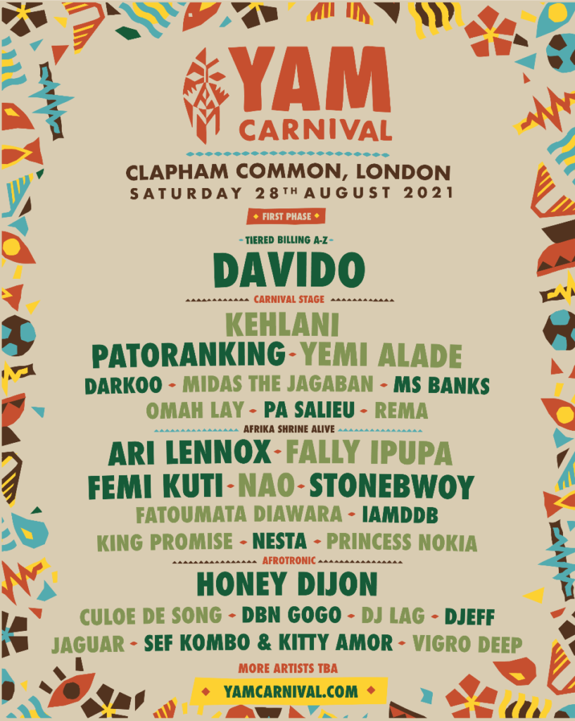 Line up poster for Yam carnival 2021