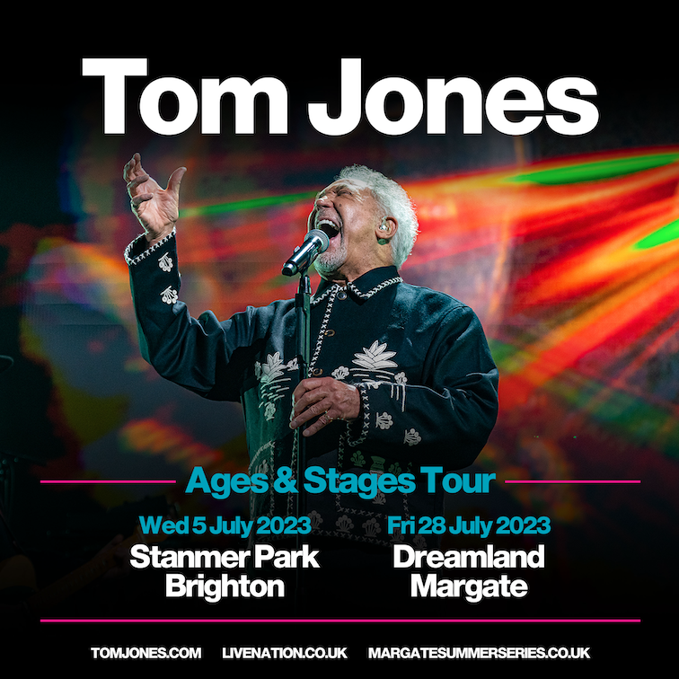 Tom Jones in mid singing roar. Tour dates underneath him