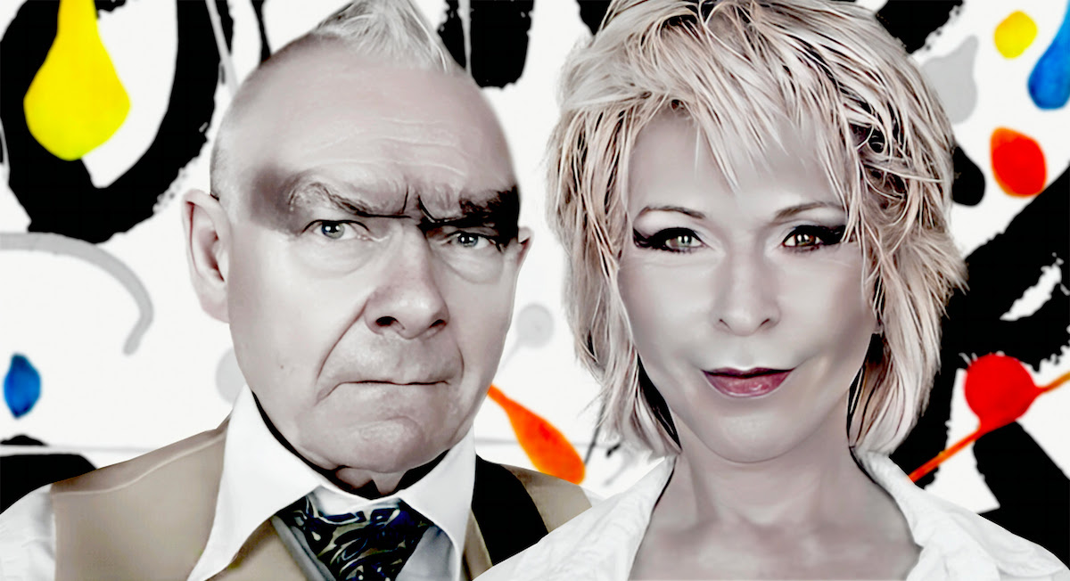 Headshots of Toyah and Robert fripp in front of a graffiti background