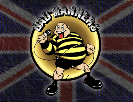 Cartoon Bad manners logo with buster bloodvessel with a yellow and black jumper on