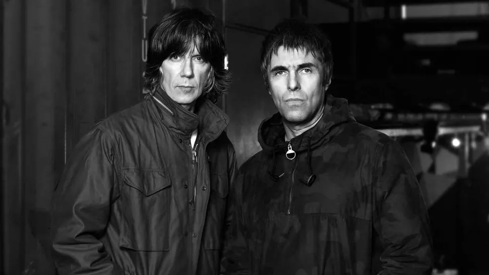 Liam Gallagher and John Squire looking mean and moody in their parka jackets