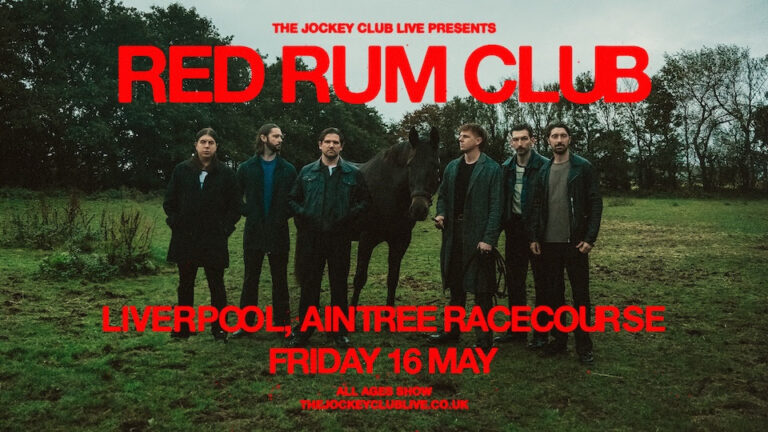 Promotional photo for the red rum club at Aintree with the band standing in a field with a horse