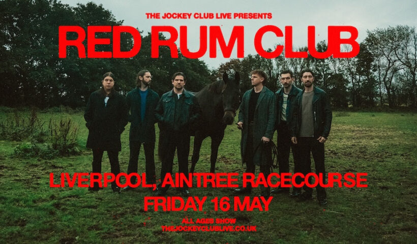 Promotional photo for the red rum club at Aintree with the band standing in a field with a horse