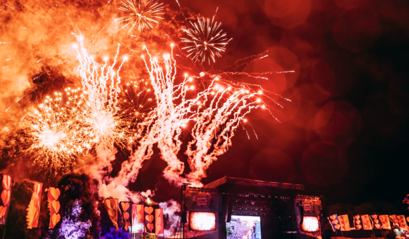 Kendal calling main stage with fireworks over the top of it