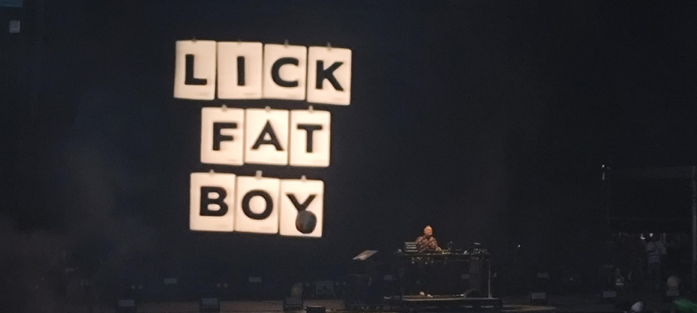 Fatboy slim on stage at kendal calling with a sign behind him saying 'lick fat boy'