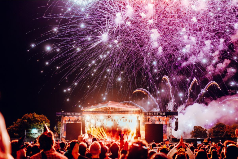 The main stage at Truck Festival with fireworks going off overhead