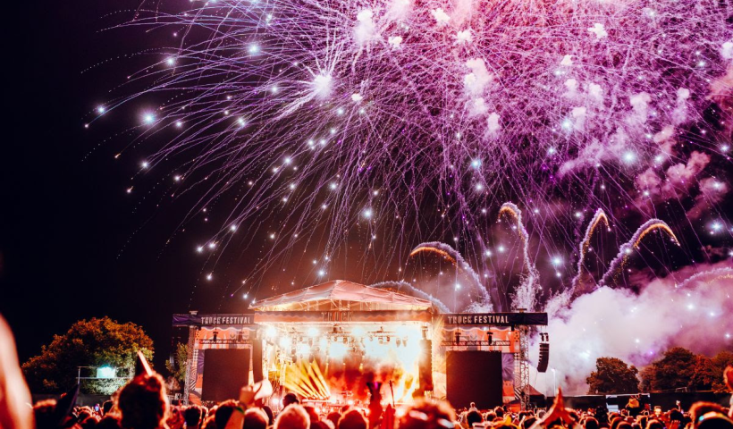 The main stage at Truck Festival with fireworks going off overhead
